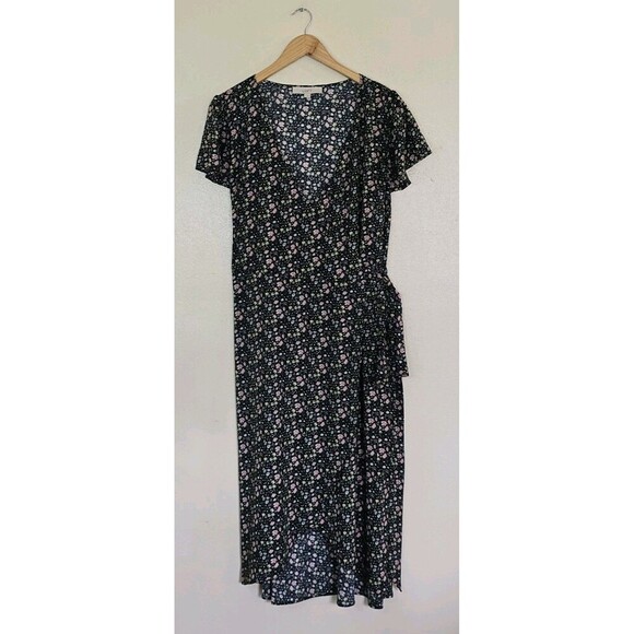Loft  Floral Tie Wrap Waist Midi Dress Womens Size 14 Black Multicolor - Picture 1 of 9